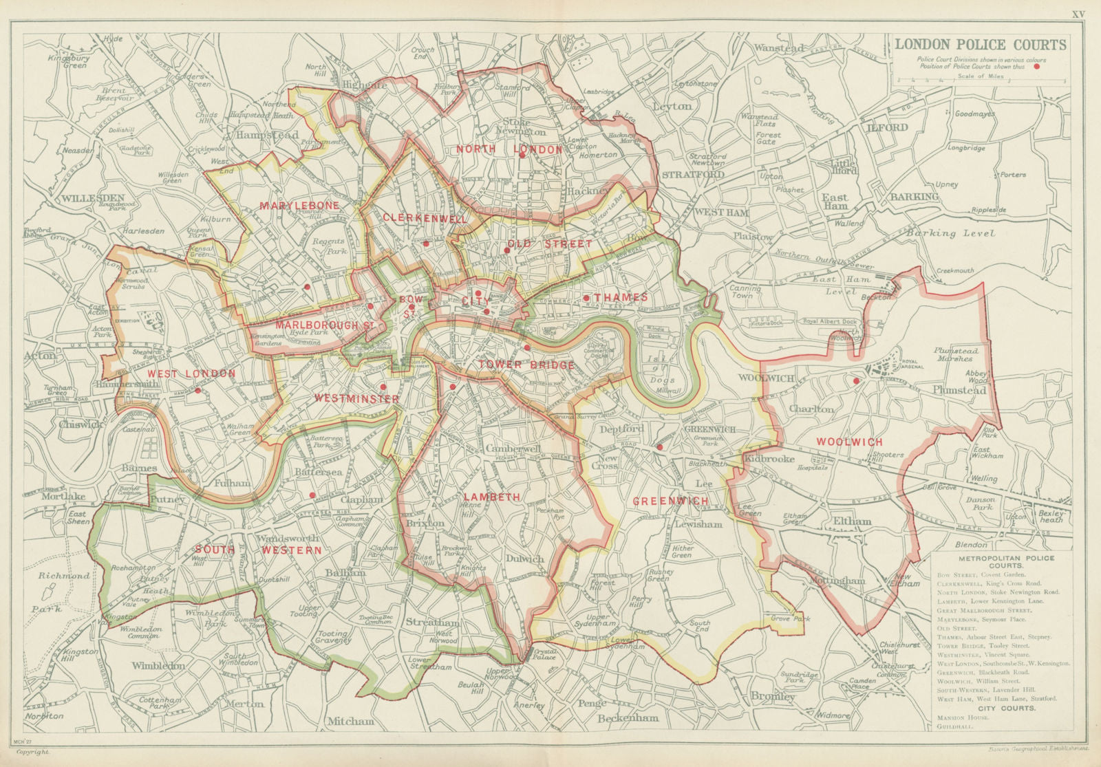 LONDON POLICE COURTS. Showing divisions & court locations. BACON 1934 old map